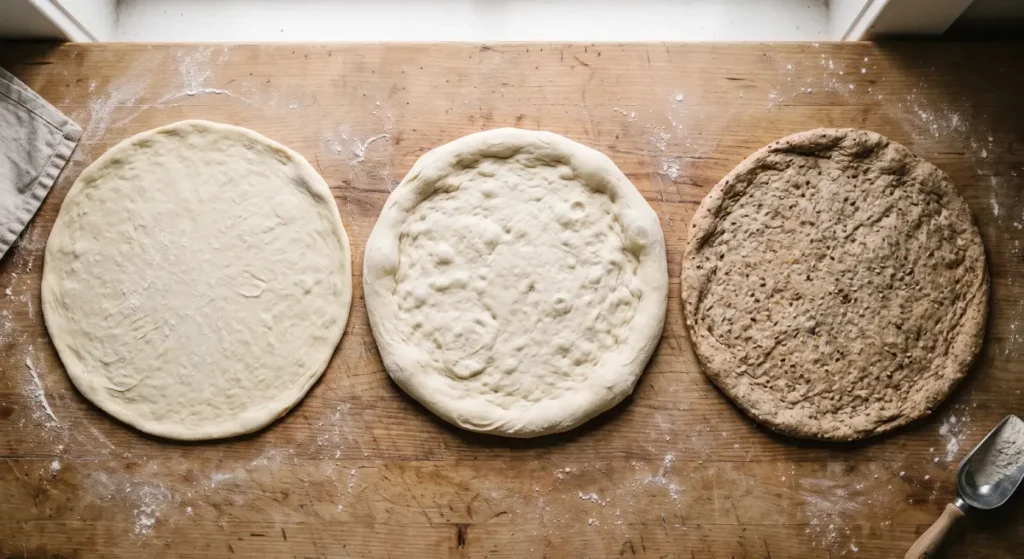 Thin, thick and wholemeal pizza bases side by side on a wooden board