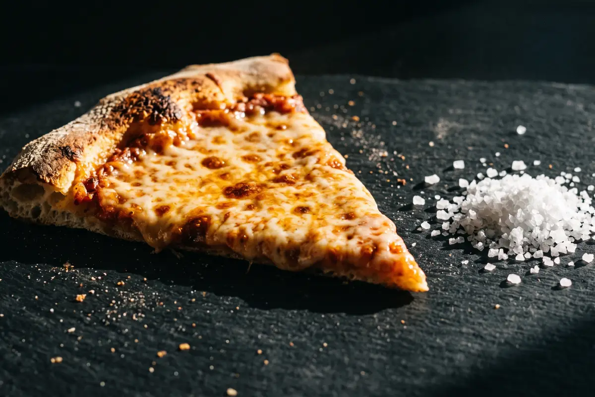 Single cheese pizza slice next to a small pile of salt on a dark surface