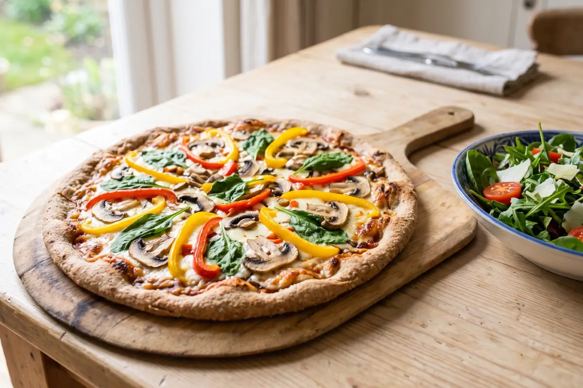 Wholemeal-base pizza topped with colourful vegetables beside a green side salad